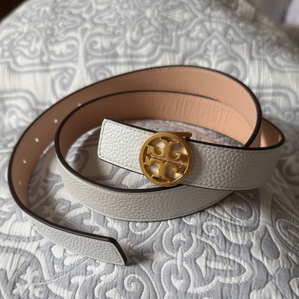 Tory Burch White Textured Belt with Gold Logo Buckle